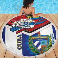 Round beach blanket with fringe, Cuba crest and blue bird over red and white stripes