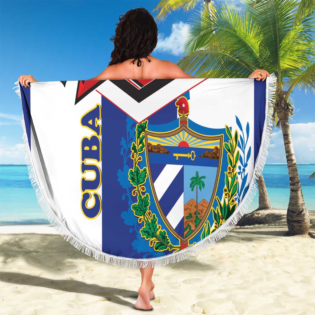 Round Cuba-themed beach blanket with fringe, blue red white crest and bird graphic