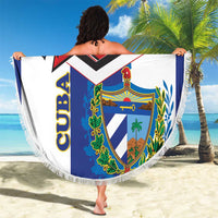 Round Cuba-themed beach blanket with fringe, blue red white crest and bird graphic