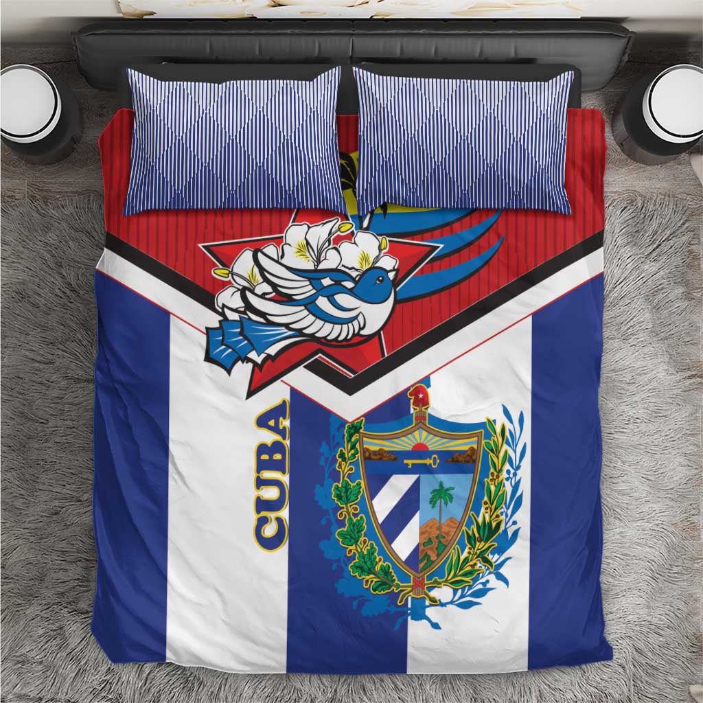 Blue, white, and red Cuba-themed bedding set with bird, banner, and coat of arms on duvet
