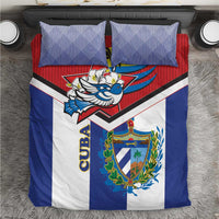 Blue, white, and red Cuba-themed bedding set with bird, banner, and coat of arms on duvet