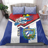 Blue and white Cuba-themed duvet with bird and coat of arms, paired with two matching striped pillowcases