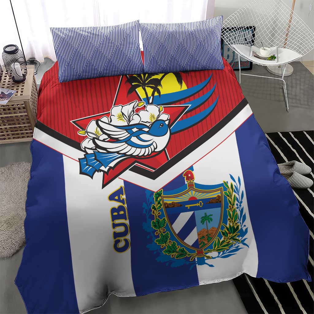 Cuba-themed bedding set: blue, white, and red duvet with bird artwork and coat of arms