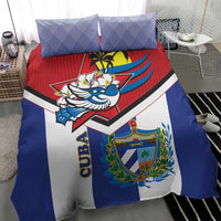 Cuba-themed bedding set: blue, white, and red duvet with bird artwork and coat of arms