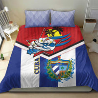 Blue, white, and red Cuba-themed duvet with bird and coat of arms, plus two striped pillowcases