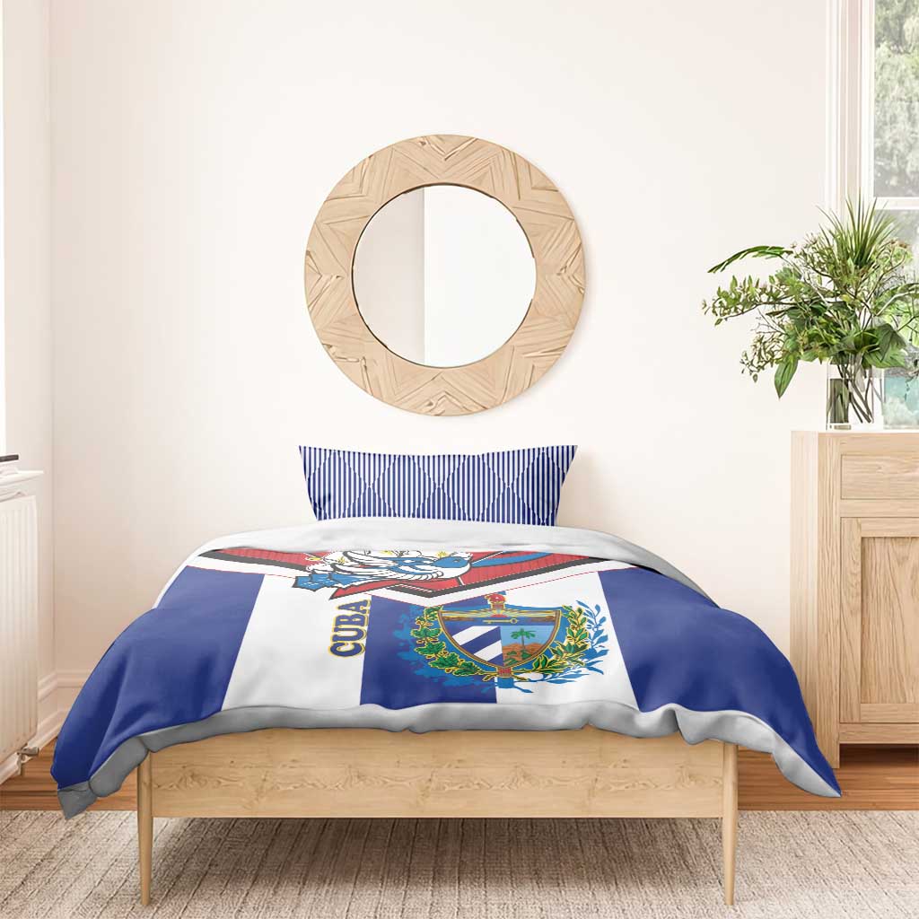 Cuba-themed comforter with bird and coat of arms design in blue, white, and red panels
