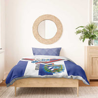 Cuba-themed comforter with bird and coat of arms design in blue, white, and red panels