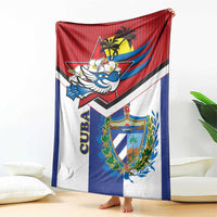 Cuba flag style blanket draped, featuring bird mascot and coat-of-arms emblem