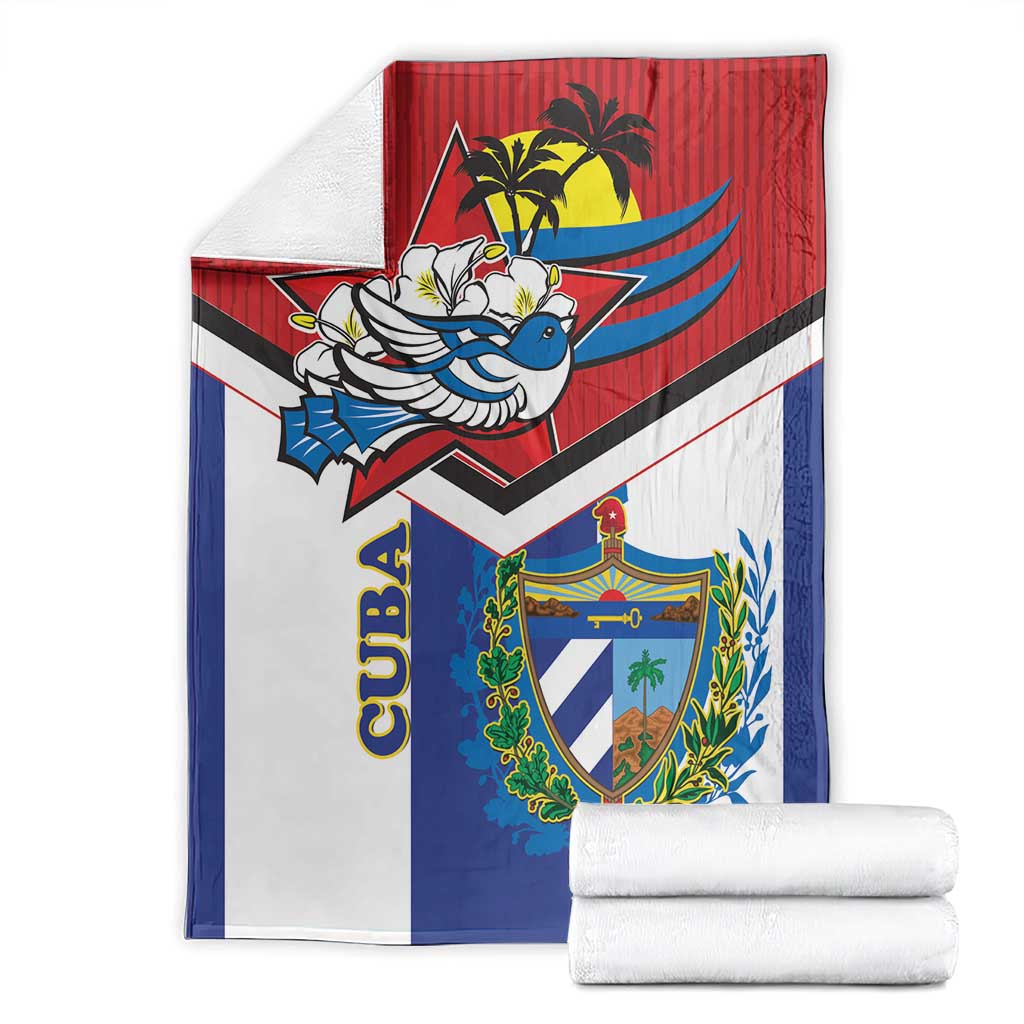 Cuba-themed blanket folded with red, blue, and white panels and bird crest artwork