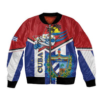Unisex bomber jacket with red, blue, white panels, Cuban crest print, ribbed hem