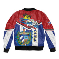 Unisex bomber jacket back with Cuba crest graphic, striped sleeves, ribbed cuffs