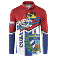 Red, blue, and white button sweatshirt with Cuban crest graphic and striped sleeves