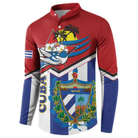 Red button sweatshirt with Cuban crest front graphic and blue striped sleeves