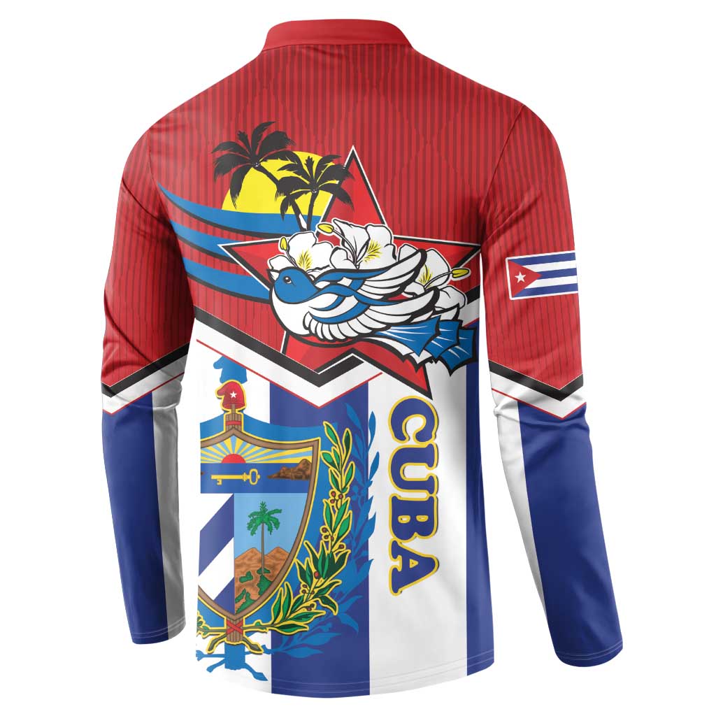 Red button sweatshirt with large back graphic, Cuban shield, and striped sleeves
