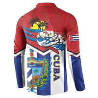 Red button sweatshirt with large back graphic, Cuban shield, and striped sleeves