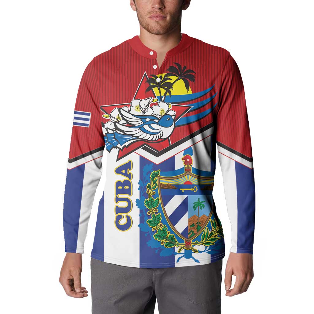 Red button sweatshirt with front eagle and Cuban crest artwork; long sleeves