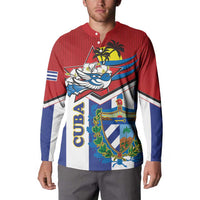 Red button sweatshirt with front eagle and Cuban crest artwork; long sleeves