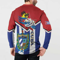 Red button sweatshirt with back eagle graphic, Cuban flag patch, and striped sleeves