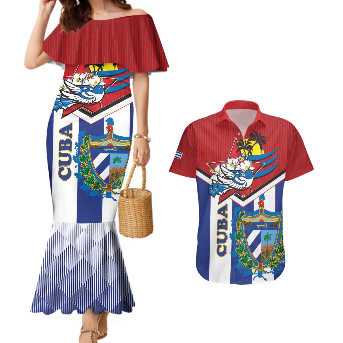 Cuba Independence Day Couples Matching Mermaid Dress and Hawaiian Shirt Cuban Trogon Mix Hedychium Coronarium - Wonder Print Shop