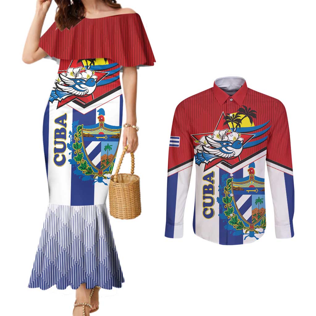 Cuba Independence Day Couples Matching Mermaid Dress and Long Sleeve Button Shirt Cuban Trogon Mix Hedychium Coronarium