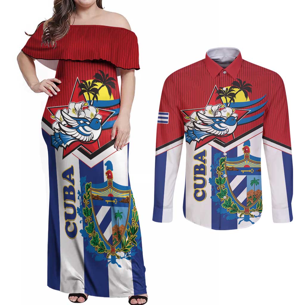 Cuba Independence Day Couples Matching Off Shoulder Maxi Dress and Long Sleeve Button Shirt Cuban Trogon Mix Hedychium Coronarium - Wonder Print Shop