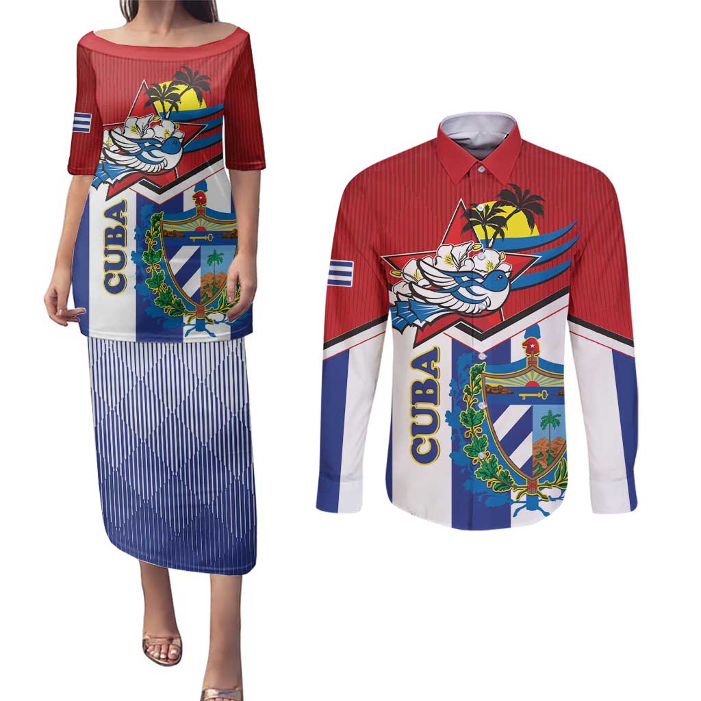 Cuba Independence Day Couples Matching Puletasi and Long Sleeve Button Shirt Cuban Trogon Mix Hedychium Coronarium - Wonder Print Shop