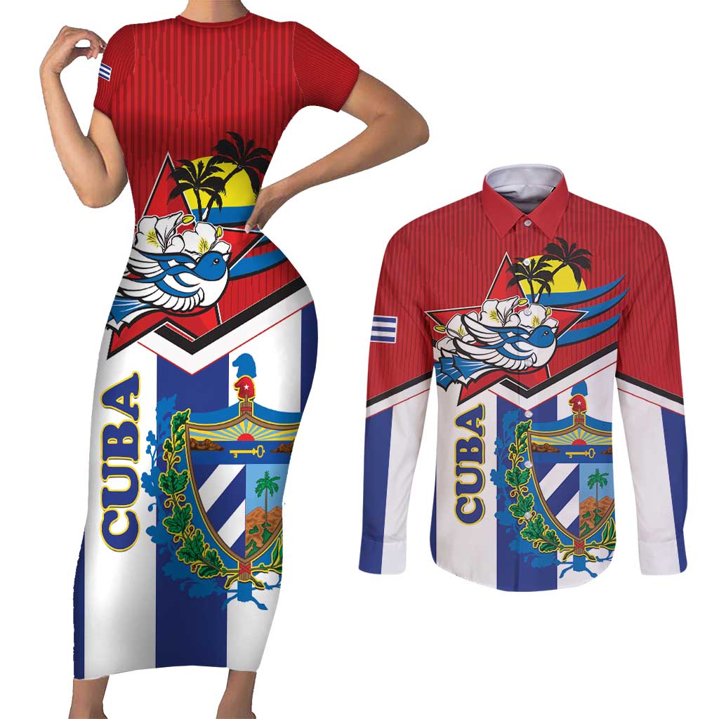 Cuba Independence Day Couples Matching Short Sleeve Bodycon Dress and Long Sleeve Button Shirt Cuban Trogon Mix Hedychium Coronarium - Wonder Print Shop