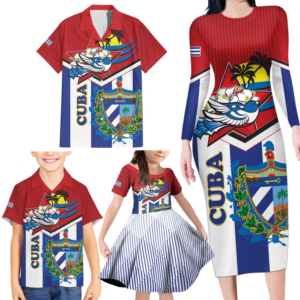 Cuba Independence Day Family Matching Long Sleeve Bodycon Dress and Hawaiian Shirt Cuban Trogon Mix Hedychium Coronarium - Wonder Print Shop