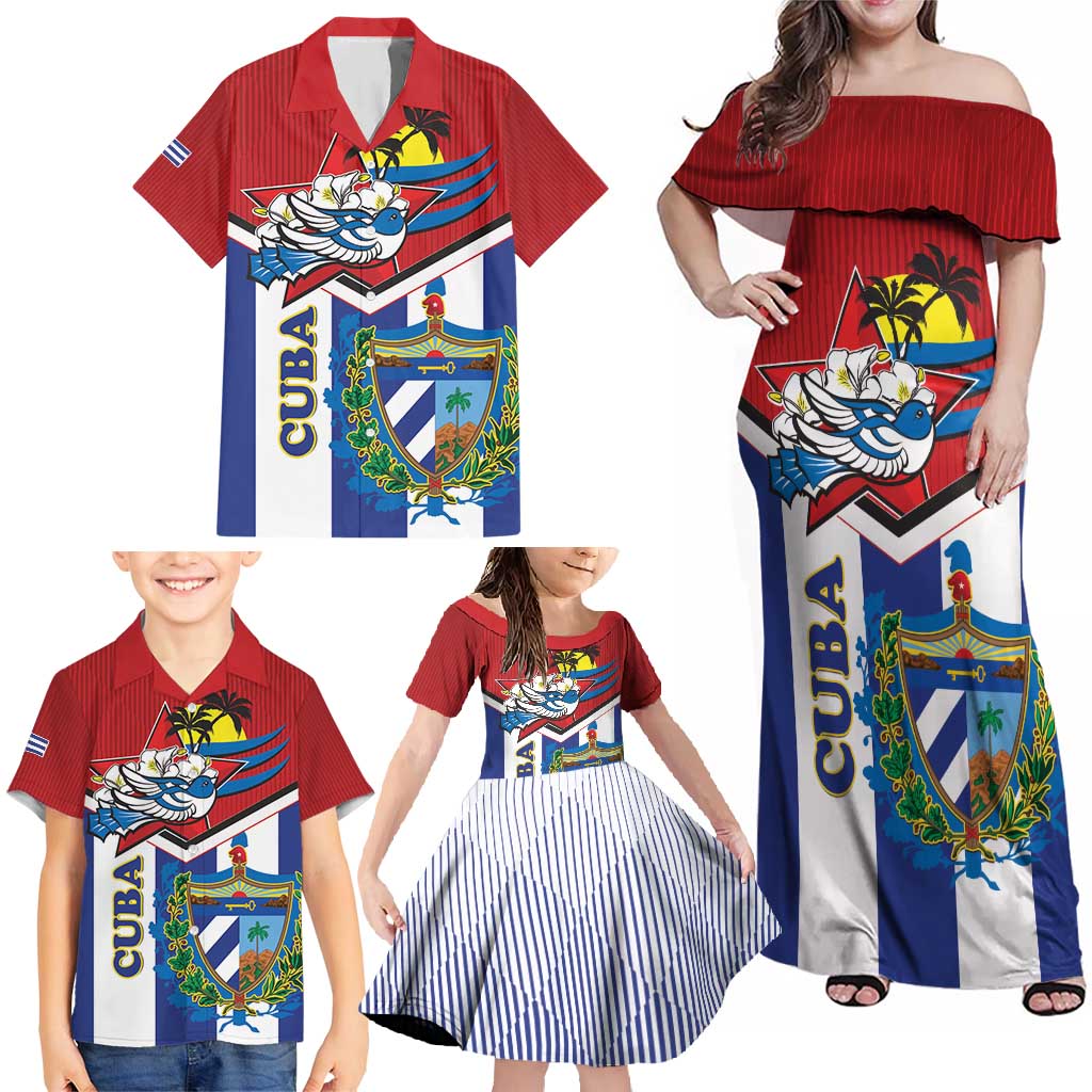 Cuba Independence Day Family Matching Off Shoulder Maxi Dress and Hawaiian Shirt Cuban Trogon Mix Hedychium Coronarium - Wonder Print Shop