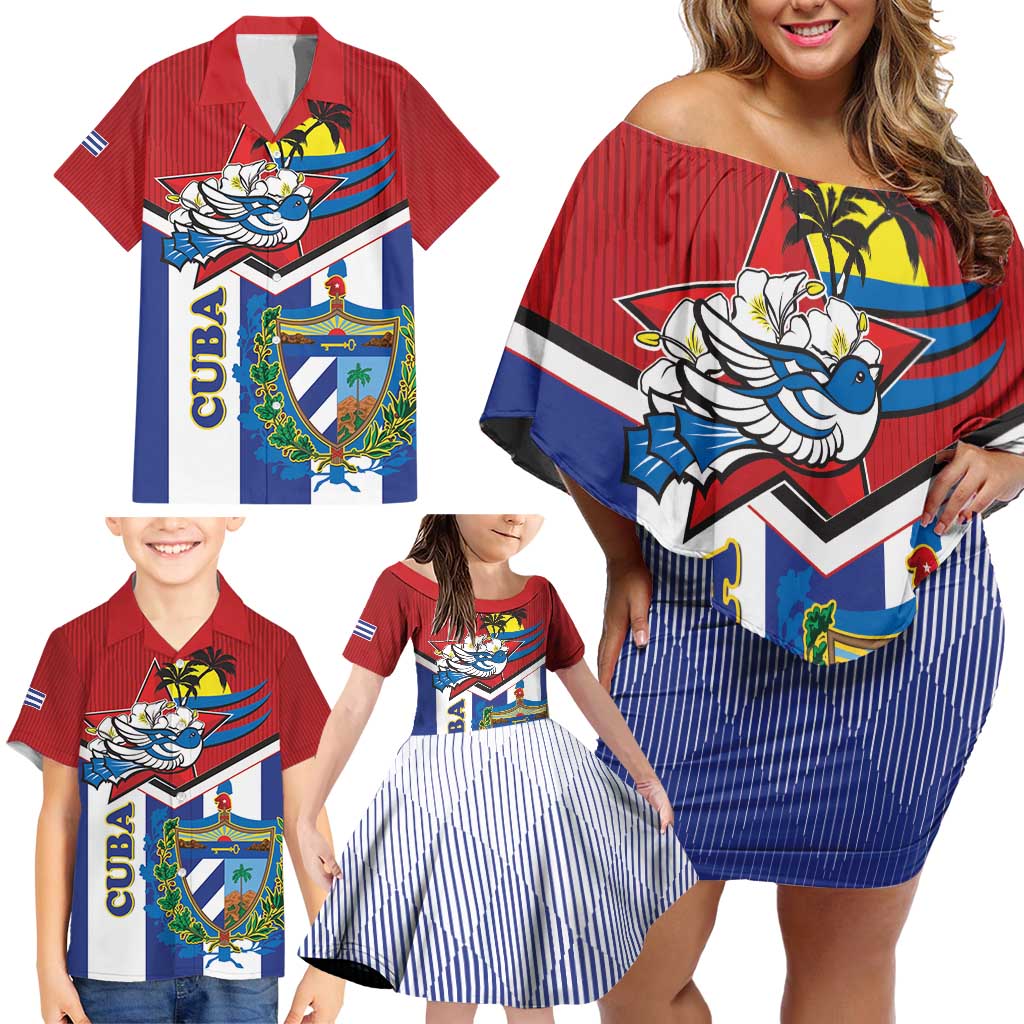 Cuba Independence Day Family Matching Off Shoulder Short Dress and Hawaiian Shirt Cuban Trogon Mix Hedychium Coronarium - Wonder Print Shop