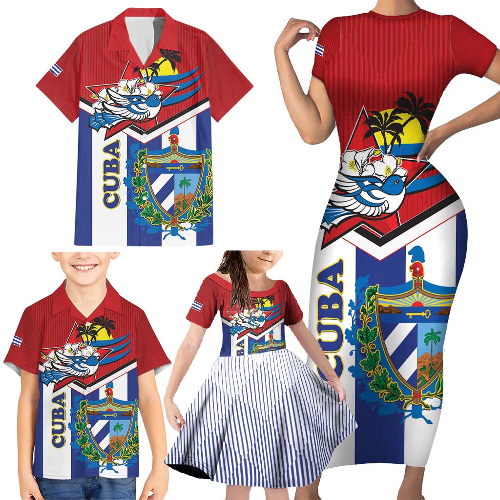 Cuba Independence Day Family Matching Short Sleeve Bodycon Dress and Hawaiian Shirt Cuban Trogon Mix Hedychium Coronarium - Wonder Print Shop