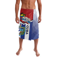 Men's Cuba graphic board shorts with red waistband, blue stripes, and cartoon patch