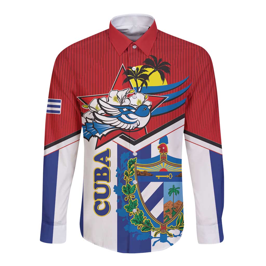 Cuba-themed long sleeve button shirt with red, blue, and white graphic front