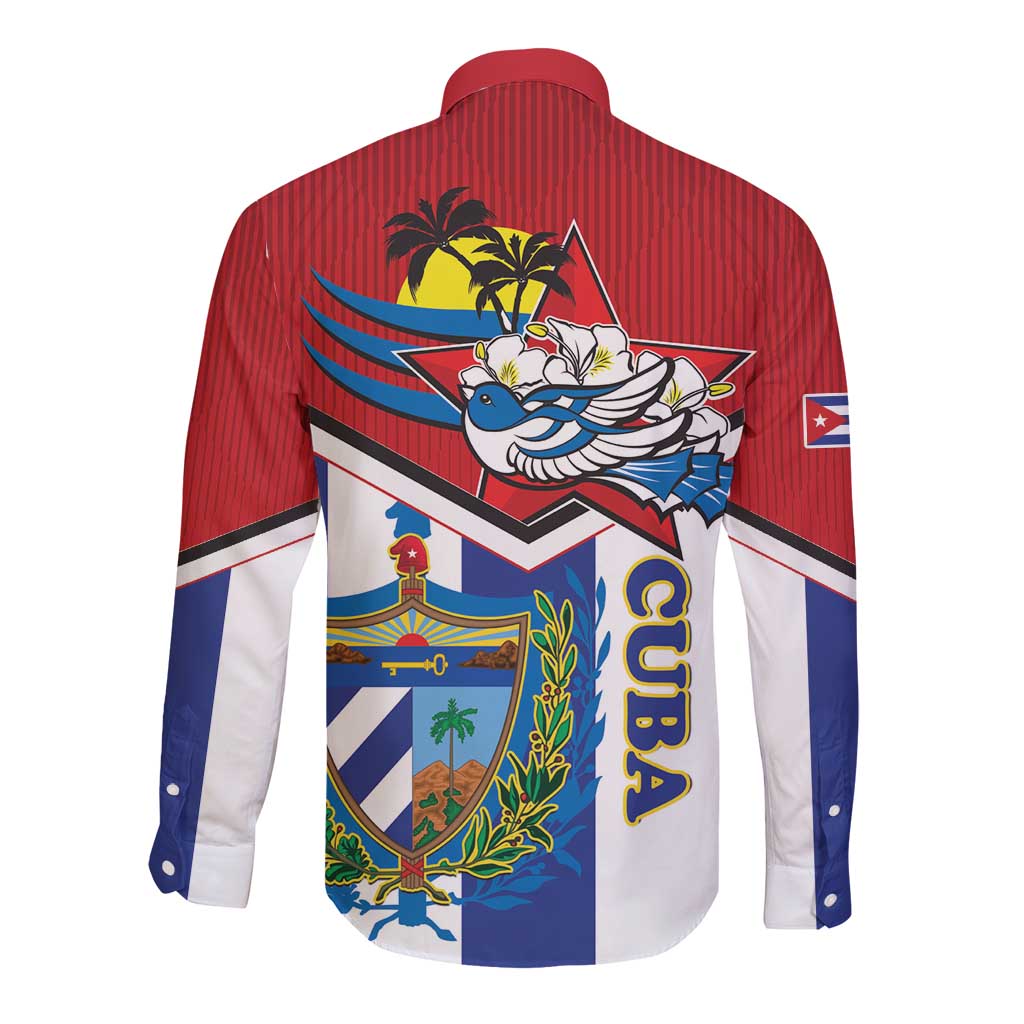 Cuba-themed long sleeve button shirt, red striped back with blue-white crest graphic