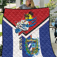 Cuba-themed quilt with red, blue, and white panels, bird emblem, and crest graphic