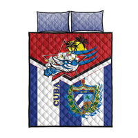 Cuba quilt bed set with two blue striped pillowcases and red-blue crest bird design