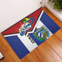 Cuba-themed blue rubber doormat with bird graphic and Cuban coat of arms on stripes