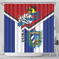 Shower curtain with red and blue vertical panels, white center; bird crest and shield