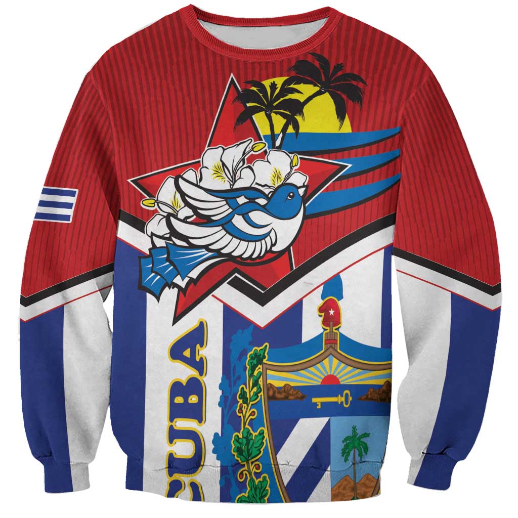 Unisex crewneck sweatshirt with red striped body, blue sleeves, large front graphic