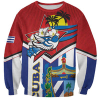 Unisex crewneck sweatshirt with red striped body, blue sleeves, large front graphic