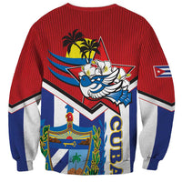 Unisex crewneck sweatshirt with red striped back, blue sleeves, large bird graphic