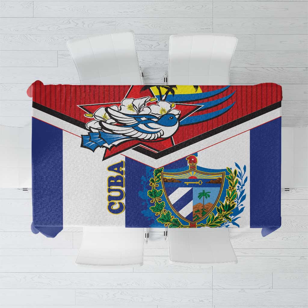 Cuban-themed tablecloth with blue crest and bird graphic, red and white border, top view