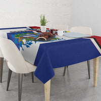 Cuban-themed tablecloth corner with blue center panel and white stripe, draped over table