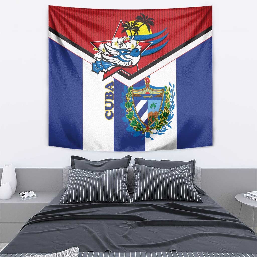 Cuba flag tapestry with central emblem, blue and red stripes, white border and bird
