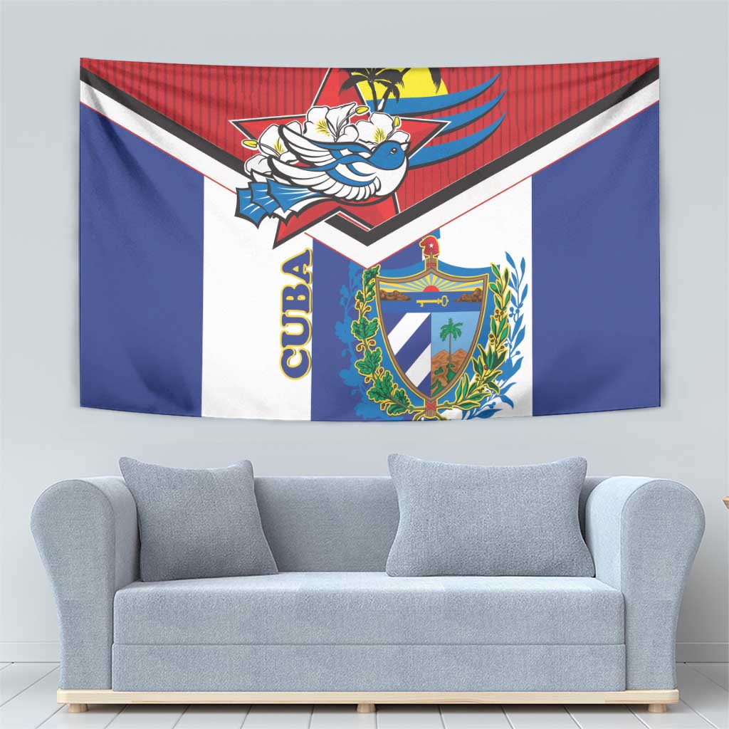 Cuba tapestry flag with coat of arms shield and bird logo, blue and red stripe design