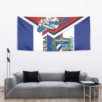 Cuba-themed wall tapestry with blue, white, red stripes, bird emblem, and shield crest