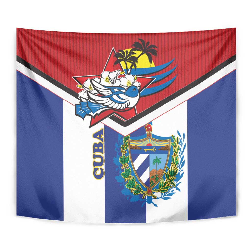 Cuba flag tapestry close view with bird emblem, coat of arms shield, blue and red stripes