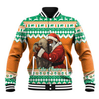 Christmas baseball jacket in green, orange, and white with Santa and elephant graphic