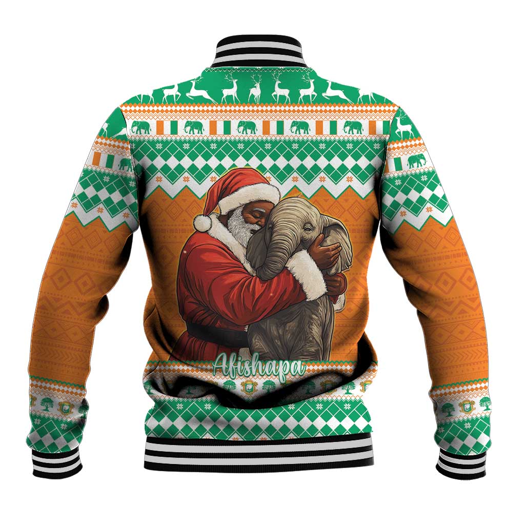 Christmas baseball jacket in green, orange, and white with back Santa and elephant artwork
