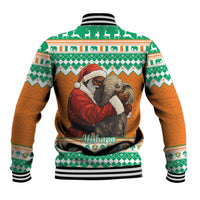 Christmas baseball jacket in green, orange, and white with back Santa and elephant artwork